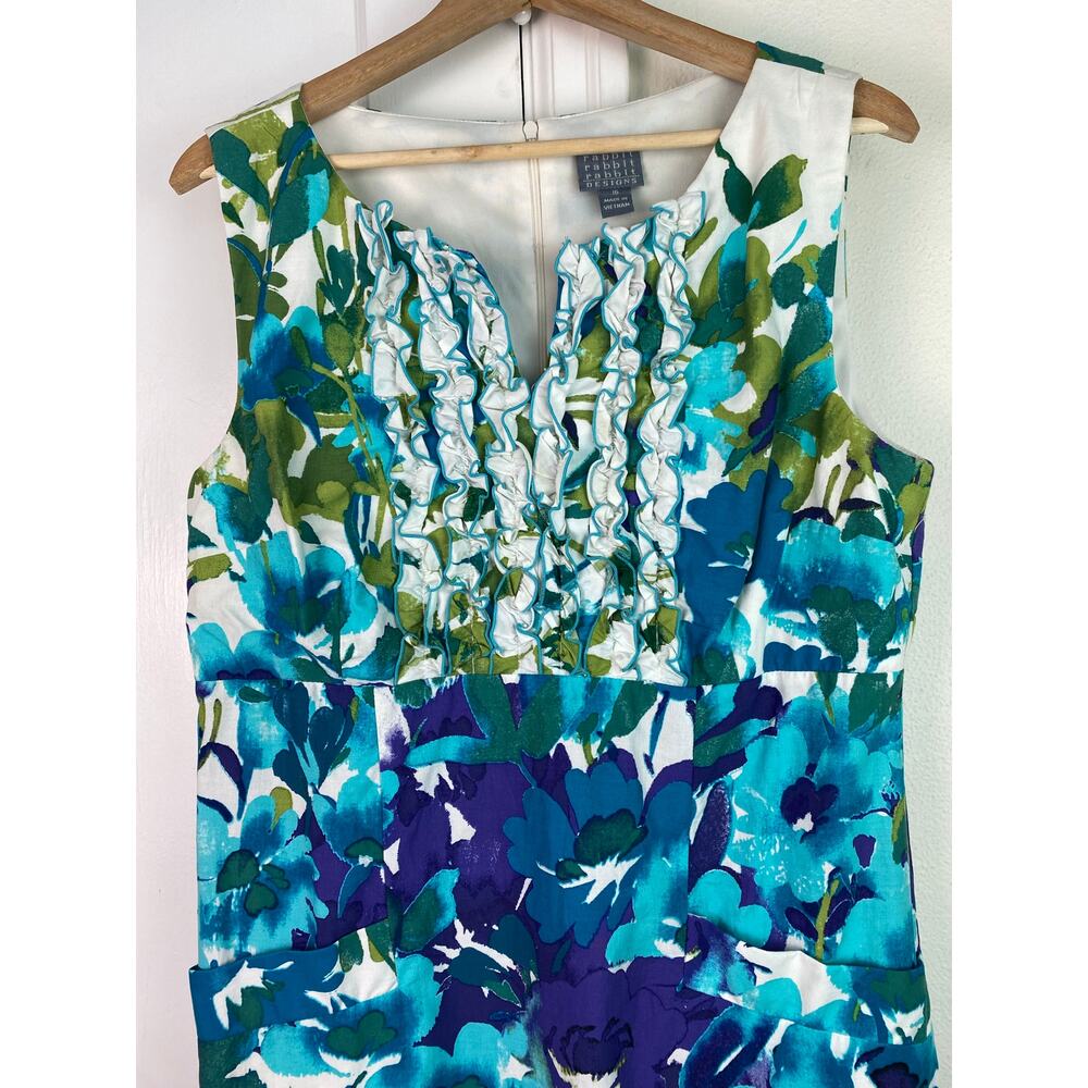 Rabbit Rabbit Rabbit Designs Women's 16 White Blue Floral Ruffle Sheath Dress * - Picture 2 of 8